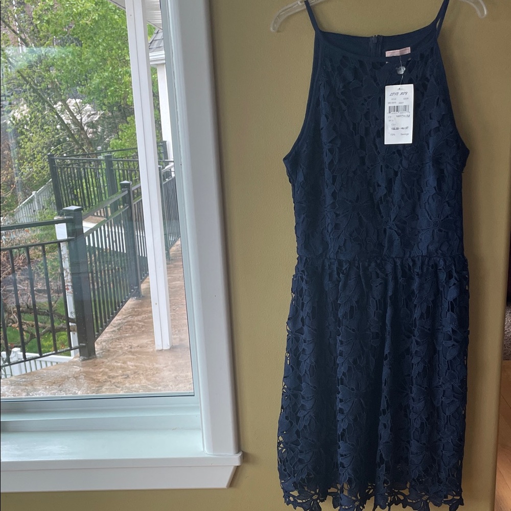 NWT Love ADY Sleeveless Navy Lace Midi Dress